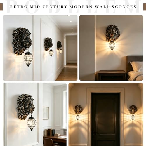 Retro Mid Century Modern Wall Sconces with Clear Crystal Shade Lion Head Decor 17.7" Large Black Wall Lights Fixtures for Living Room Bedroom Bedside Stairs Bathroom