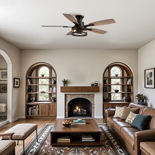 52 Inch Flush Mount Ceiling Fans with Lights and Remote Control (Black - Flush Mount / 52 Inch)