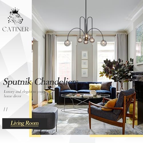 Modern 40" 6 Light Black Sputnik Chandelier with Smoke Glass Globe