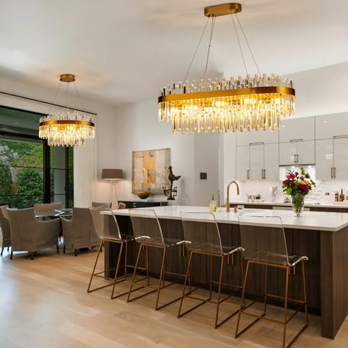 35.4" Brushed Gold Rectangular Crystal Chandelier Dining Room Kitchen