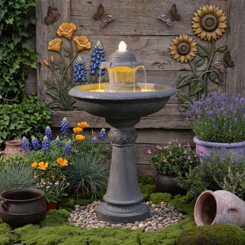 39.1H 2 Tier Outdoor Water Fountain with LED Lights Large Italian Resin Garden Fountain for Patio Yard Cascading Waterfall Feature with Quiet Pump Gray