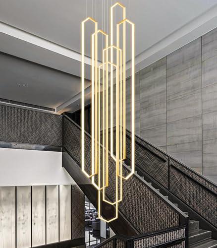 6 Rings Large Chandelier for Staircase Modern High Ceiling Chandelier LED Dimmable Chandeliers for Foyer Staircase Foyer Enterway Living Room Villa Gold (6 Count)