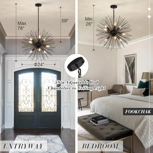 24in Black Sputnik Chandelier 9 Light Starburst Light Fixture Solid Metal