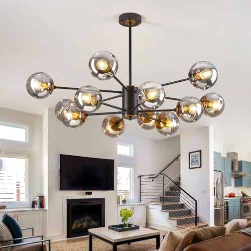 12 Globe Glass Bubble Black and Gold Modern 2 Tiered Sputnik Chandelier