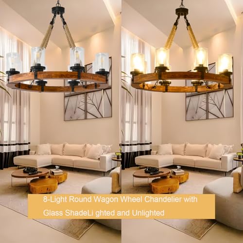 Rustic 8 Light Wagon Wheel Chandelier Wagon Wheel Dining Room Light Fixture with Seeded Glass Shade Suitable for Farmhouse Chandeliers in Living Room Kitchen and Entryway (8 Count)