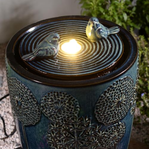 Blue Ceramic Bird & Dandelion Fountain