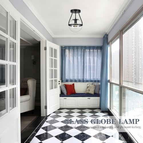 8 Inch Mid Century Ceiling Light Modern Black Semi Flush Mount Ceiling Light with Clear Glass Shade Globe Semi Flush Mount Ceiling Light Fixture for Bedroom Hallway Bathroom Foyer