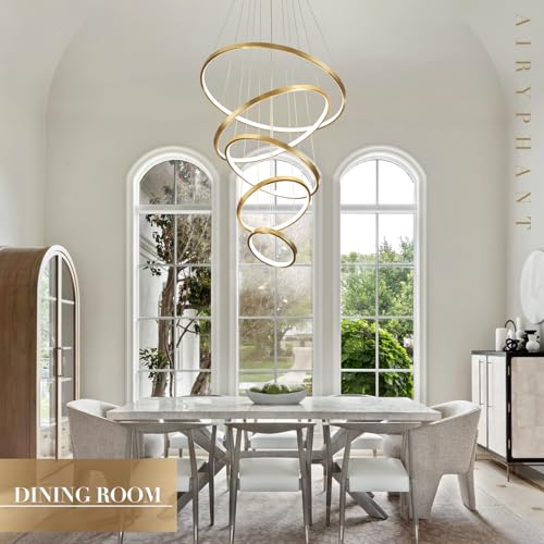 Modern LED Chandelier High Ceiling 5 Ring Gold Chandeliers Foyer Dimmable Ceiling Pendant Light Fixture Contemporary Flush Mount Chandelier for Staircase Living Room