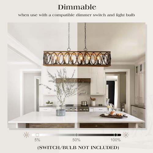 L39.4 Rustic Farmhouse Rectangle Chandelier for Dining Room Kitchen Island Lights Cage Pendant Light Fixture Black and Brown Metal Hanging Lighting Retro Vintage Linear Chandeliers 6