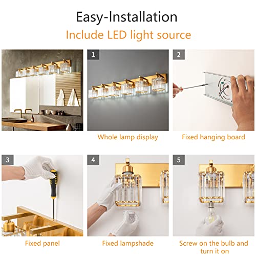 Modern 6 Light Gold Brushed Brass Finish Crystal Wall Light for Bathroom Vanity
