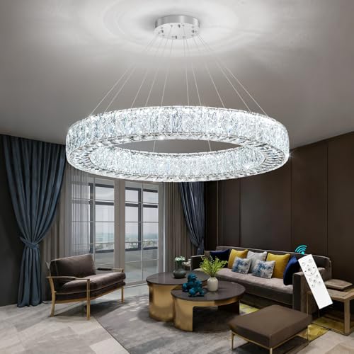 Modern Chandelier Glam Dimmable LED Crystal Chandeliers Luxury Remote Ceiling Pendants Lighting Fixtures for Dining Room Bedroom Living Room Silver