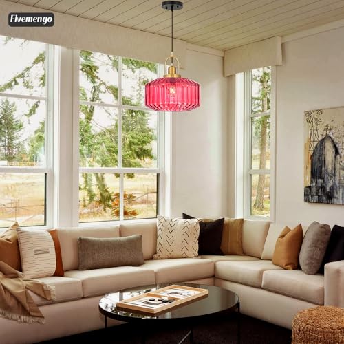 11.8in Mid Century Modern Pendant Light Gold Large Wine Red Glass