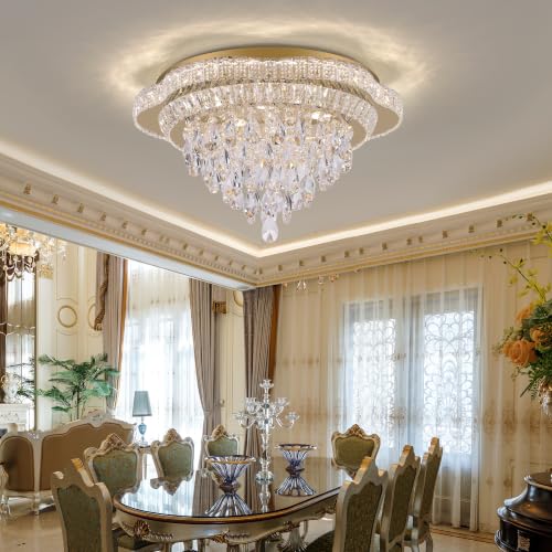 24" Gold Crystal Flush Mount Chandelier Modern LED Ceiling Light Fixture