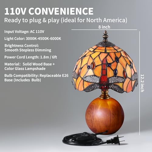 12.2" Retro Dragonfly Tiffany Small Table Lamp with Wood Base