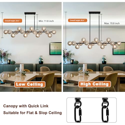 55" Linear Chandeliers for Dining Room Light Fixture 16 Lights Large Sputnik Chandelier Modern Chandelier Smoke Grey Swirled Globe Farmhouse Chandelier Island Lights for Kitchen