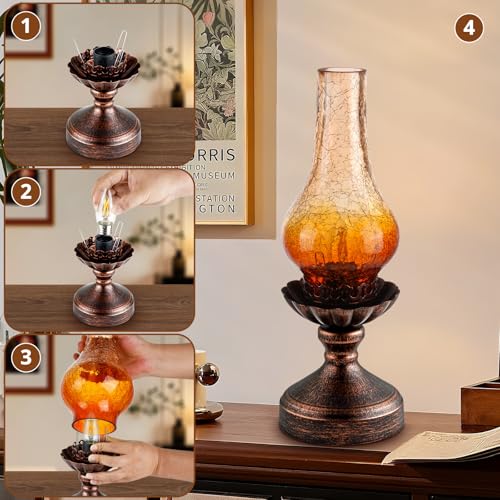 Vintage Table Lamp with Red Amber Gradient Crackle Glass Shade
