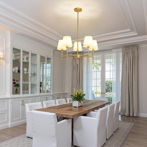 RUIYEY Dining Room Chandeliers Light - 5-Light Gold Modern Chandeliers Light Fixtures with White Fabric Shade, Height Adjustable Pendant Island Light for Entryway Farmhouse