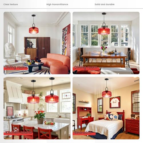 Kitchen Island Pendant Light Fixture Red Glass Hanging Lights with 11" Hand Blown Glass Shade Vintage Modern Ceiling Pendant Lighting Black Metal Finish Dining Room Adjustable Height