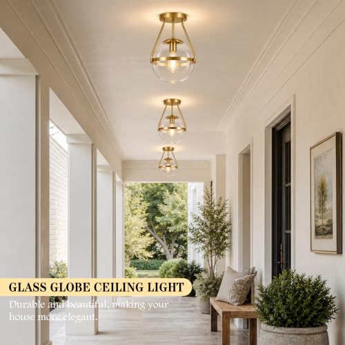 10" Semi Flush Mount Ceiling Light with Clear Glass Shade Mid Century Ceiling Light Modern Gold Globe Semi Flush Mount Ceiling Light Fixture for Bedroom Hallway Bathroom Foyer