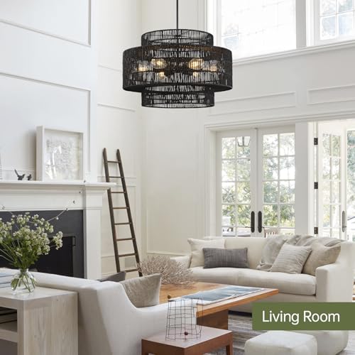 24" Black Rattan Chandelier for Dining Room