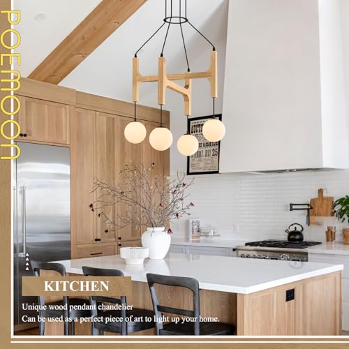 Natural 4 Light Wooden Chandelier with Milk Glass Globe L24 Inch
