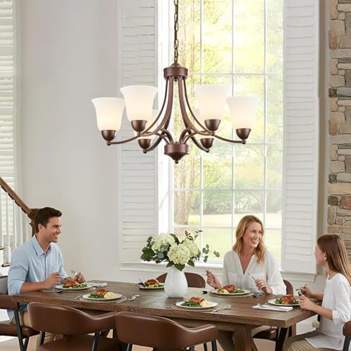 6 Light Oil Rubbed Bronze Dining Room Light Fixture Farmhouse Modern Chandelier Pendant Light Bronze 47.2''Adjustable Ceiling Hanging Lighting with Frosted Glass for Kitchen Island Living Room Foyer