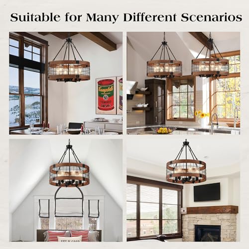 6 Light Farmhouse Drum Wood Pendant Light (6 Count)