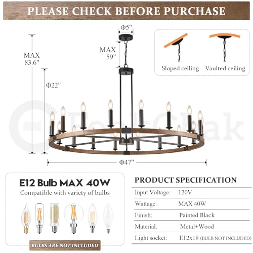 Farmhouse Large Wagon Wheel Chandelier 18 Light Wood Round Chandeliers 47in
