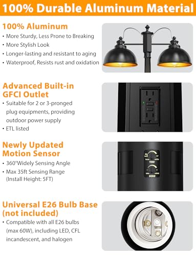 360° Motion Sensor Outdoor Post Lights with GFCI Outlet