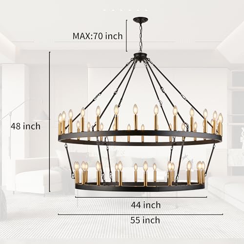 Rustic Farmhouse Wagon Wheel Chandelier Black+Brushed Brass Large Chandeliers for High Ceilings 2 Tier 48 Lights 55 Inch for Dining Room Living Room Foyer Porch Kitchen Island