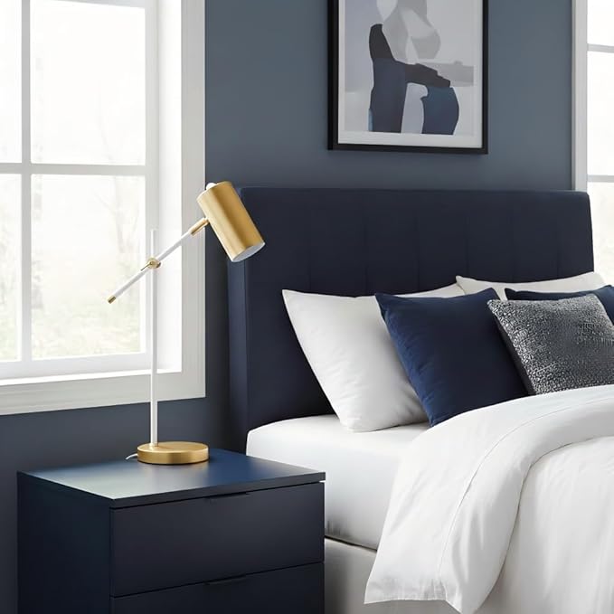 Modern White and Gold Desk Lamp with Type C Charging Port, Minimalist Industrial Table Lamp with Swing Arm, for Study Room Home Office Bedroom Bedside Nightstand