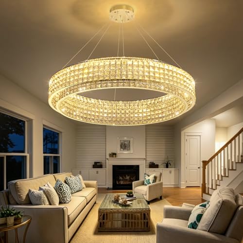 W40 Modern Chandeliers for Living Room LED Dimmable Pendant Lighting High Ceiling Chandelier for Dining Room Foyer Hallway Crystal Rectangle Light Fixtures Gold