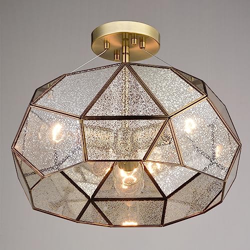 Euclid 16 in W Gold Aged Brass Contemporary Geometric Semi Flush Mount Ceiling Light Fixture with Silver Mercury Glass Shade