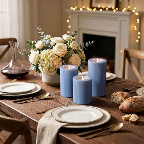 Dusty Blue Ribbed Moving Flame LED Pillar Candles with Remote (Dusty Blue)