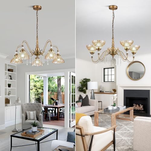 5 Light Vintage Chandelier in Matte Antique Brass Finish with Amber Flower (5-Light / Antique Brass and Amber)