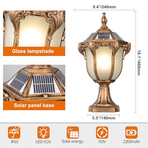 Outdoor Post Caps Light With Solar Powered 17.71" Solar LED Column Caps Lamps Rustic Bronze Fence Pillar Lamps IP65 Waterproof Deck Post Bollard Lighting Lawn Landscape Lawn Garage Yard Path Lamps