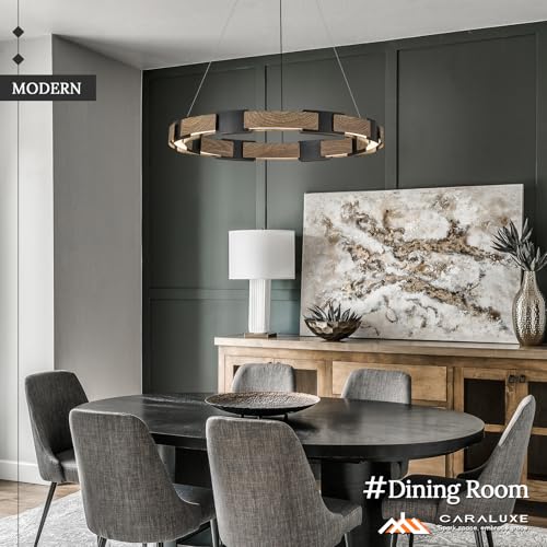 LED Ring Chandelier Dimmable Black Wood Chandeliers for Dining Room