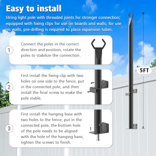 10 Pack String Light Poles for Deck (5 Foot)