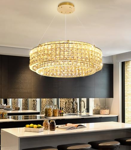 W24 Modern Chandeliers for Living Room LED Dimmable Pendant Lighting High Ceiling Chandelier for Dining Room Foyer Hallway Crystal Rectangle Light Fixtures Gold