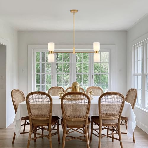 Modern Linear Chandelier for Kitchen Island, Gold Island Light Fixtures with White Glass Shade, 4-Light Linear Pendant Light Fixture for Dining Room