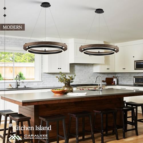 LED 2 Ring Chandelier Dimmable Up Down Light Black Walnut Wood