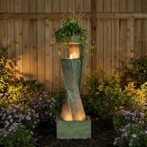 47.2" H Garden Fountains Outdoor Modern Water Fountain Indoor Floor Standing Large Waterfall with LED Lights and Pump for Patio Decor