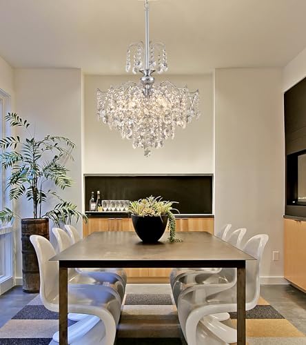 Q&S Modern Crystal Chandelier Chrome Pendant Light 6 Lights for Dining Room Kitchen Island Entryway Bathroom Hallway UL Listed