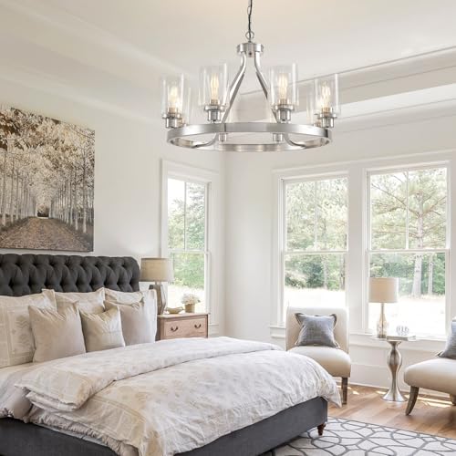 8 Light Modern Chandeliers for Dining Room Light Fixture Brushed Nickel Kitchen Chandelier Ceiling Hanging Pendant Lighting with Glass Shade for Living Room Entryway Adjustable Height E26