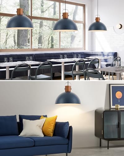 16” Large Ash Wood Pendant Light with Hammered Blue Metal & Brushed Brass Handle Large Pendant Light Fixtures Modern Dome Hanging Lamp for Kitchen Island