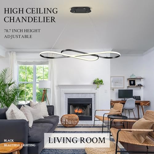 Modern LED Chandelier Black Dimmable LED Pendant Light for Dining Room Light Fixture Over Table Modern Kitchen Island Lighting High Ceiling with Remote for Living Room