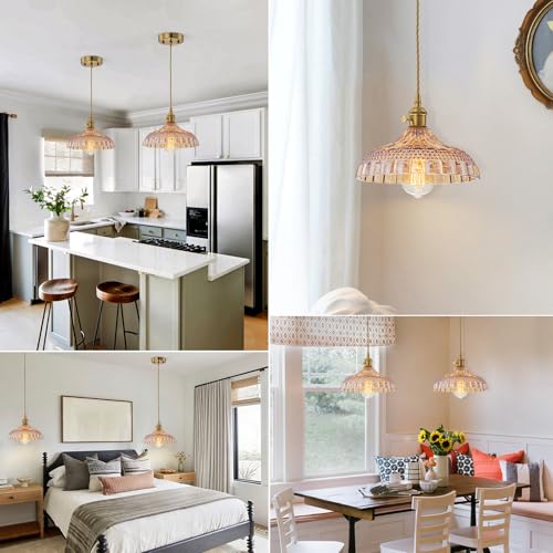 EDSILIVE Vintage Flower Glass Pendant Lights Kitchen Island 9.84" Antique Flower Amber Glass Hanging Ceiling Light Fixture with Adjustable Wire E26 Base for Dining Room Kitchen Table