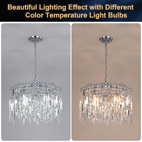Round Crystal Chandelier Modern 20" Drum Chandelier with Chain Chrome Adjustable K9 Raindrop Crystal Ceiling Pendant Fixtures 2 Tiers for Dining Room Bedroom Living Room