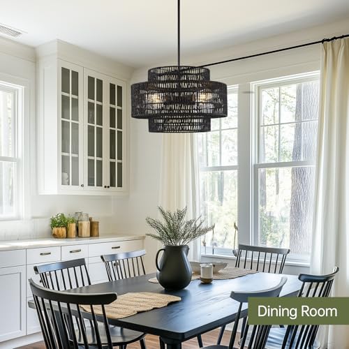 17.7" Black Rattan Chandelier for Dining Room