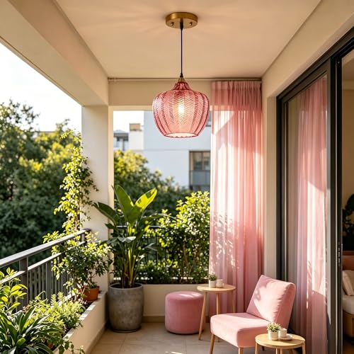 Pink Glass Pendant Lights Kitchen Island Gold Hanging Ceiling Light 9.45"